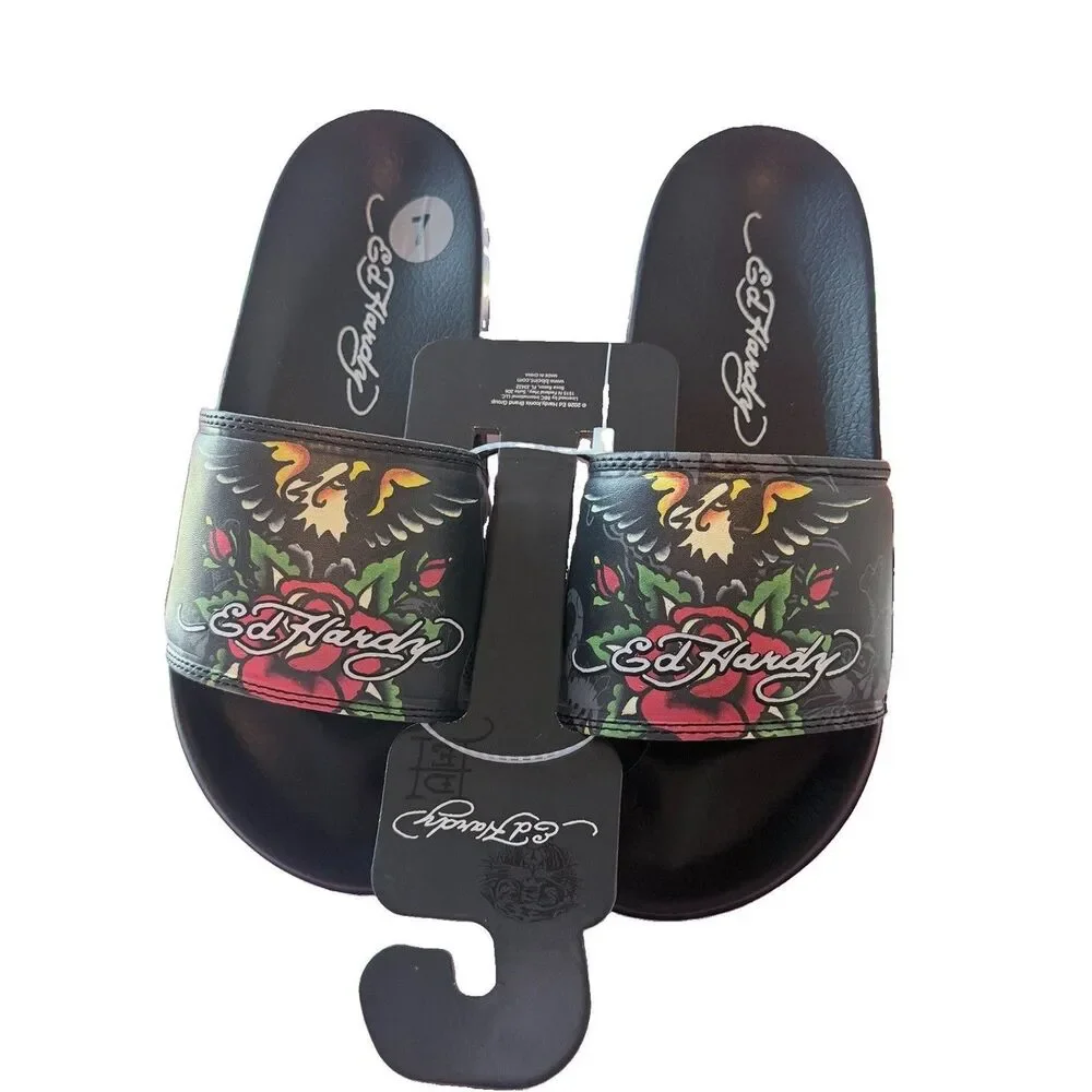 Ed Hardy Eagle-Roses-Tattoo Black Slides/Flip-Flops Size 7 NWT